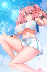 Rule 34 | 1girl, :o, azur lane, bare shoulders, barefoot, blue sky, blush, breasts, bremerton (azur lane), bremerton (scorching-hot training) (azur lane), clenched hand, cloud, commentary request, covered erect nipples, cowboy shot, crop top, crop top overhang, day, emu (confisery), green skirt, grey hair, groin, hair between eyes, hair intakes, hair ornament, hairclip, highres, jumping, large breasts, lens flare, long hair, looking at viewer, midriff, mole, mole under eye, multicolored hair, navel, open hand, pink eyes, pink hair, see-through, shadow, shirt, sidelocks, signature, skirt, sky, sleeveless, sleeveless shirt, solo, sportswear, streaked hair, tennis uniform, twintails, two-tone hair, two-tone shirt, two-tone skirt, underboob, white shirt, white skirt, wristband, x hair ornament