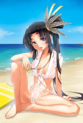 Rule 34 | 1girl, arm support, barefoot, beach, black hair, blush, breasts, cameltoe, cloud, collarbone, day, fate/grand order, fate (series), feather hair ornament, feathers, feet, front-tie top, fundoshi, hair ornament, horizon, japanese clothes, kazuma muramasa, kickboard, long hair, looking at viewer, mizu happi, ocean, open mouth, outdoors, purple eyes, see-through, side ponytail, sidelocks, sitting, sky, solo, spread legs, ushiwakamaru (chaldea lifesavers) (fate), ushiwakamaru (fate), very long hair, water, wet, wet clothes, whistle