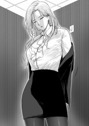 Rule 34 | 1girl, closed eyes, collared shirt, commentary, dress shirt, earrings, greyscale, highres, hoop earrings, indoors, jacket, jewelry, long hair, mature female, mole, mole under eye, monochrome, office lady, original, pantyhose, pencil skirt, shirt, shirt tucked in, skirt, solo, undressing, wing collar, xter