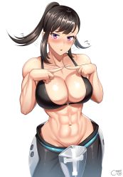 Rule 34 | 1girl, abs, absurdres, bikini, bikini top only, black bikini, black hair, blush, breasts, castell, cleavage, collarbone, en&#039;en no shouboutai, fingers together, groin, highres, large breasts, long hair, looking at viewer, maki oze, muscular, muscular female, navel, no shirt, o-ring, o-ring bikini, o-ring top, ponytail, purple eyes, simple background, solo, stomach, swimsuit, toned, white background