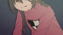 Rule 34 | 1girl, @ @, bags under eyes, blurry, braid, brown hair, crying, crying with eyes open, depth of field, grey background, hair tie, long hair, m hikarino, madotsuki, pink sweater, red eyes, solo, sweater, tears, twin braids, yume nikki