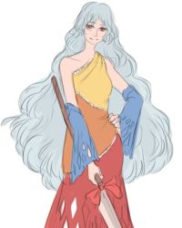 Rule 34 | 1girl, collarbone, detached sleeves, dress, grey hair, hand on own hip, long hair, mefomefo, multicolored clothes, polearm, red eyes, sakata nemuno, simple background, single strap, solo, touhou, very long hair, weapon, white background