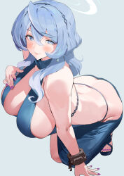 Rule 34 | 1girl, ako (blue archive), ako (dress) (blue archive), ass, backless dress, backless outfit, bare shoulders, blue archive, blue dress, blue eyes, blue hair, blush, breasts, butt crack, chain, cleavage, cuffs, dress, hairband, halo, ikuchan kaoru, large breasts, leaning forward, looking at viewer, medium hair, shackles, sideboob, smile, solo