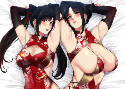 Rule 34 | 2girls, :p, armpits, arms up, bed, black eyes, black hair, blush, breasts, china dress, chinese clothes, dress, highres, large breasts, lips, long hair, lying, mole, mother and daughter, multiple girls, naye (xter), nush (xter), on back, on bed, original, red eyes, tagme, tongue, tongue out, xter