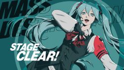 Rule 34 | 1girl, absurdres, all-out attack, alternate costume, aqua background, aqua eyes, aqua hair, aqua theme, armband, belt, black gloves, black skirt, black vest, bow, bowtie, collared shirt, english text, fingerless gloves, floating hair, gloves, hair ornament, hatsune miku, headphones, headset, highres, long hair, open mouth, parody, persona, persona 3, persona 3 reload, red armband, red bow, red bowtie, s.e.e.s, seraph (sera phiel), shirt, skirt, solo, style parody, twintails, very long hair, vest, vocaloid, white belt, white shirt, wide sleeves