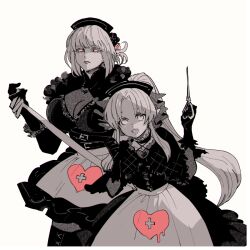 Rule 34 | 2girls, apron, bandages, black capelet, black dress, black flower, black gloves, black rose, breasts, capelet, cleavage, cross, dress, fate/grand order, fate (series), florence nightingale (fate), florence nightingale (manor of repose) (fate), flower, gloves, hat, heart, heart print, holding, holding bandages, holding scissors, jewelry, large breasts, locket, long hair, long sleeves, looking at viewer, medea (lily) (fate), medea (lily) (manor of repose) (fate), multiple girls, nobicco, nurse, nurse cap, official alternate costume, partially colored, pendant, pink eyes, pointy ears, ponytail, rose, scissors, simple background, smile, upper body, very long hair, waist apron, white apron, white background