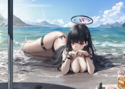 Rule 34 | 1girl, alternate costume, bare shoulders, bikini, black bikini, black hair, blue archive, blue sky, blush, breasts, cleavage, closed mouth, commentary, crab, full body, halo, highres, jewelry, large breasts, leviathan (hikinito0902), long hair, looking at viewer, outdoors, red eyes, ring, rio (blue archive), side-tie bikini bottom, sky, solo, swimsuit, thigh strap, thighs, water, wet, wrist straps