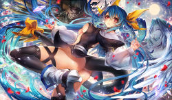 Rule 34 | 1girl, ass, asymmetrical wings, black thighhighs, blue hair, breasts, dizzy (guilty gear), guilty gear, guilty gear x, guilty gear xx, hair ribbon, long hair, necro (guilty gear), oro (sumakaita), red eyes, ribbon, smile, tail, tail ornament, tail ribbon, thighhighs, twintails, underboob, undine (guilty gear), very long hair, wings