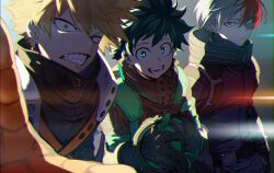 Rule 34 | 3boys, :|, adjusting clothes, annoyed, arms at sides, badge, bakugou katsuki, belt, black belt, black bodysuit, black gloves, black pants, blonde hair, blue eyes, blurry, bodysuit, boku no hero academia, bright pupils, burn scar, chromatic aberration, clenched teeth, closed mouth, commentary request, depth of field, expressionless, floating hair, freckles, from side, furrowed brow, gloves, green eyes, green gloves, green hair, grey background, grey eyes, hair between eyes, hand up, happy, heterochromia, high collar, hood, hood down, light, looking at viewer, looking to the side, male focus, matsuya (pile), midoriya izuku, multicolored hair, multiple boys, official alternate costume, open mouth, orange gloves, outstretched arm, outstretched hand, pants, partial commentary, reaching, reaching towards viewer, red eyes, red hair, sanpaku, scar, scar on face, short hair, sidelighting, sideways glance, smile, spiked hair, split-color hair, teeth, todoroki shouto, tsurime, two-tone hair, uneven eyes, upper body, utility belt, v-shaped eyebrows, white hair, white pupils