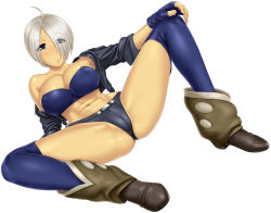 Rule 34 | 1girl, ahoge, angel (kof), bare shoulders, blue eyes, boots, breasts, fingerless gloves, full body, gloves, hair over one eye, jacket, large breasts, navel, open clothes, open jacket, short hair, shorts, silver hair, simple background, snk, solo, st.germain-sal, the king of fighters, thighhighs