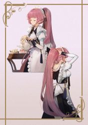 Rule 34 | 1girl, alternate costume, apron, arms up, bad id, bad twitter id, belt, black dress, black ribbon, breasts, cake, closed eyes, closed mouth, cup, dokshuri, dress, food, framed, girls&#039; frontline, gradient hair, hair ribbon, holding, juliet sleeves, long hair, long sleeves, maid, maid apron, maid headdress, medium breasts, multicolored hair, multiple views, ntw-20 (girls&#039; frontline), ntw-20 (the aristocrat experience) (girls&#039; frontline), official alternate costume, pink eyes, pink hair, ponytail, puffy sleeves, purple background, purple hair, ribbon, smile, standing, strawberry shortcake, table, teacup, teapot, very long hair, wing collar, wrist cuffs