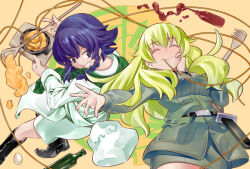 Rule 34 | 2girls, :t, anzio military uniform, black eyes, black footwear, black hair, blonde hair, boots, bottle, braid, carpaccio (girls und panzer), chef, chef hat, closed eyes, commentary request, cooking, eating, egg, floating, food, girls und panzer, green neckerchief, grey jacket, grey skirt, grin, hand on own face, hat, inou takashi, jacket, knife, long hair, long sleeves, looking at viewer, looking back, medium skirt, military, military uniform, miniskirt, multiple girls, neckerchief, pasta, pepperoni (girls und panzer), short hair, side braid, frying pan, skirt, smile, spatula, uniform, white jacket, white skirt