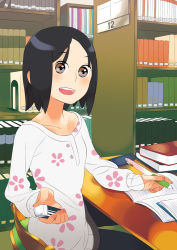 Rule 34 | black hair, book, brown eyes, flower, library, pen, rakuraku, short hair, solo
