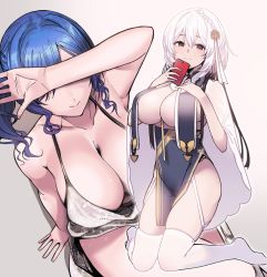 Rule 34 | 2girls, arm support, armpits, azur lane, backless dress, backless outfit, bare shoulders, blue hair, braid, breast curtains, breasts, cellphone, cleavage, commentary request, covering own eyes, downblouse, dress, evening gown, extended downblouse, from above, grey dress, halter dress, halterneck, haruichi (komikal), holding, holding phone, kneeling, large breasts, multiple girls, no bra, pelvic curtain, phone, plunging neckline, revealing clothes, side braid, side ponytail, sidelocks, silver dress, sirius (azur lane), sirius (azure horizons) (azur lane), smartphone, smile, st. louis (azur lane), st. louis (luxurious wheels) (azur lane), thighs, white hair, white legwear