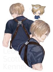 Rule 34 | 1boy, 4leajactest, animal ears, blonde hair, blue eyes, blue shirt, cat boy, cat ears, character name, chest harness, chibi, furrowed brow, harness, highres, leon s. kennedy, male focus, multiple views, parted bangs, resident evil, resident evil 4, resident evil 4 (remake), shirt, short hair, short sleeves, solo, upper body