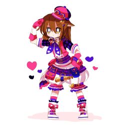 Rule 34 | 1boy, :&lt;, animal ears, arm up, belt, blue sleeves, blush stickers, boots, brown eyes, brown hair, closed mouth, commentary request, full body, gloves, hand on own hip, heart, kirby (series), long hair, magolor, male focus, multiple belts, nintendo, no nose, personification, pink gloves, plaid sleeves, pouch, purple belt, shirt, shorts, simple background, socks, solo, striped clothes, striped socks, usagi nui, white background, white footwear, white shirt, white shorts