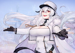 Rule 34 | 1girl, azur lane, belt, black gloves, blush, breasts, cleavage, coat, coat dress, crossed bangs, fur-trimmed coat, fur trim, gangut (azur lane), gloves, hair between eyes, hat, large breasts, long hair, looking at viewer, military hat, mole, mole under eye, open mouth, partially fingerless gloves, red eyes, silver hair, solo, unsomnus, white coat, white uniform