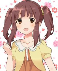 Rule 34 | 10s, 1girl, :d, beads, blush, brown eyes, brown hair, collarbone, fujishiro emyu, hair beads, hair ornament, idolmaster, idolmaster cinderella girls, open mouth, short sleeves, simple background, smile, solo, twintails, upper body