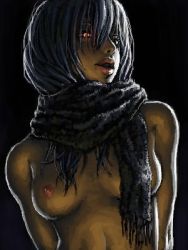 Rule 34 | 1girl, arms at sides, breasts, glowing, glowing eyes, jonpei, lips, lowres, naked scarf, nipples, nude, original, scarf, silver hair, solo