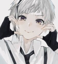 Rule 34 | 1boy, black eyes, black gloves, black hair, black necktie, bungou stray dogs, closed mouth, collared shirt, fingerless gloves, gloves, grey hair, hands up, heart, heart hands, hiba riko, highres, looking at viewer, male focus, multicolored hair, nakajima atsushi (bungou stray dogs), necktie, shirt, short hair, simple background, smile, solo, streaked hair, suspenders, twitter username, upper body, white background, white shirt