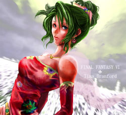 Rule 34 | 1990s (style), bad id, bad pixiv id, blue eyes, detached sleeves, earrings, final fantasy, final fantasy vi, green hair, henyo, jewelry, retro artstyle, solo, tina branford