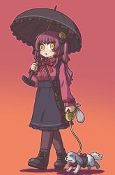 Rule 34 | blush, breasts, brown hair, dog, fate/grand order, fate (series), fossil, fossil hair ornament, goth fashion, gothic lolita, highres, large breasts, learning with manga! fgo, lolita fashion, long braid, looking at viewer, mary anning (fate), official art, riyo (lyomsnpmp), slit pupils, spaniel (dog), walking, yellow eyes