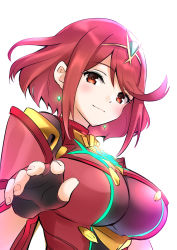 Rule 34 | 1girl, black gloves, breasts, closed mouth, earrings, fingerless gloves, fingernails, gloves, highres, jewelry, large breasts, looking at viewer, misu kasumi, nintendo, orange eyes, pyra (xenoblade), red hair, short hair, simple background, smile, solo, tiara, upper body, white background, xenoblade chronicles (series), xenoblade chronicles 2