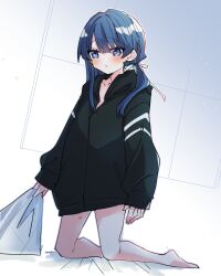 Rule 34 | 1girl, bed sheet, black jacket, blue eyes, blue hair, check commentary, collarbone, commentary request, hickey, highres, jacket, kanduki kamibukuro, light blush, link! like! love live!, long hair, long sleeves, looking to the side, love live!, mole, mole on neck, murano sayaka, naked jacket, on bed, parted lips, sheet grab, sideways glance, solo