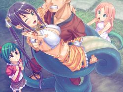 Rule 34 | 1boy, 3girls, ;d, blue eyes, breasts, bridal gauntlets, bubuzuke, carrying, clenched teeth, coiled, game cg, lamia, lamia hygieia, long hair, lots of jewelry, mamonomusume to no seikatsu, mamonomusume to no seikatsu ~ramia no baai~, monster girl, multiple girls, one eye closed, open mouth, pointing, pointy ears, princess carry, purple hair, scales, smile, snake, spoilers, teeth