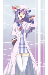 Rule 34 | 1girl, blue door, book, capelet, dress, female focus, hair flip, hat, long hair, one eye closed, open mouth, patchouli knowledge, purple eyes, purple hair, short dress, solo, standing, thighhighs, touhou, white thighhighs, wink, zettai ryouiki