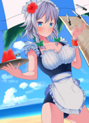 Rule 34 | 1girl, apron, beach, blue eyes, blue sky, blush, bow, braid, breasts, cleavage, cloud, collarbone, cowboy shot, day, dutch angle, floating, flower, food, fruit, hair bow, hair flower, hair ornament, hand up, hibiscus, highres, horizon, izayoi sakuya, kanibaru, knife, large breasts, levitation, long hair, looking at viewer, maid, maid apron, maid headdress, maid one-piece swimsuit, nontraditional school swimsuit, ocean, one-piece swimsuit, open hand, outdoors, palm tree, pocket, salt shaker, school swimsuit, silver hair, sky, solo, standing, swimsuit, thighs, touhou, tray, tree, twin braids, umbrella, unconventional maid, watermelon, wrist cuffs