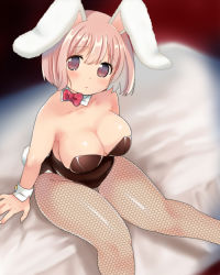 Rule 34 | 1girl, animal ears, bad id, bad pixiv id, bare shoulders, bow, bowtie, breasts, cleavage, collar, detached collar, fishnet pantyhose, fishnets, large breasts, melompan, original, pantyhose, pink hair, playboy bunny, purple eyes, short hair, sitting, solo
