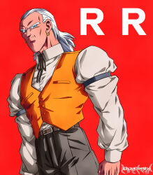 Rule 34 | 1boy, absurdres, aged down, android 13, arm strap, artist name, belt, black pants, blue eyes, brown belt, commentary, cosplay, dr. gero (dragon ball), dr. gero (dragon ball) (cosplay), dragon ball, dragonball z, earrings, english commentary, frown, highres, jewelry, kinzokumatto, male focus, medium hair, orange vest, pants, solo, underwear, vest, white hair