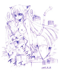 Rule 34 | 00s, 1girl, 2007, animal ears, breasts, building, cat ears, cat girl, cat tail, city, cleft of venus, dated, destruction, dust cloud, female focus, female masturbation, giant, giantess, kaijuu, large breasts, leaning forward, lineart, long hair, masturbation, medium breasts, monochrome, nipples, nude, outdoors, public indecency, pussy, pussy juice, pussy juice trail, saliva, saliva trail, seo tatsuya, simple background, sketch, skyscraper, solo, sweat, tail, thighhighs, uncensored, very long hair, white background