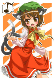 Rule 34 | 1girl, animal ears, brown hair, cat ears, cat girl, cat tail, chen, china dress, chinese clothes, dress, earrings, fang, female focus, hat, jewelry, nikyu, nikyu2q (pixiv), ribbon, short hair, solo, tail, touhou