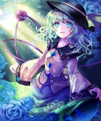 Rule 34 | 1girl, :d, beekan, black hat, blouse, blue flower, blue rose, buttons, commentary, cowboy shot, diamond button, floral print, flower, frilled sleeves, frills, green eyes, green hair, green skirt, hat, hat ribbon, highres, komeiji koishi, long hair, long sleeves, looking at viewer, open mouth, ribbon, rose, rose print, shirt, skirt, skirt hold, smile, solo, third eye, touhou, wide sleeves, yellow ribbon, yellow shirt