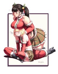 Rule 34 | 2girls, alpha transparency, bare shoulders, bell, belly, black hair, blonde hair, blue eyes, blunt bangs, blush, breast envy, breast rest, breasts, breasts on head, brown eyes, buttons, christmas, dated, elbow gloves, gloves, hair bell, hair ornament, hair ribbon, high heels, highres, kneeling, large breasts, leaning forward, long hair, looking at breasts, medium breasts, midriff, multiple girls, nsio, original, outside border, parted lips, plump, ribbon, sayaka (nsio), short hair, sitting, skirt, thick arms, thick thighs, thighhighs, thighs, twintails, white background, zettai ryouiki