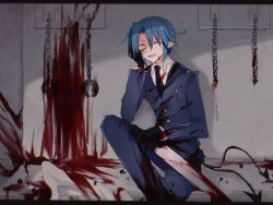 Rule 34 | 1boy, ^ ^, black gloves, black necktie, blood, blood on clothes, blood on face, blood splatter, blood stain, bloody weapon, blue hair, chain, closed eyes, cuffs, demon boy, funamusea, gloves, guro, hand on own cheek, hand on own face, hijoushiki roc, holding, holding knife, knife, leg up, male focus, necktie, oversized object, pointy ears, police, police uniform, policeman, shackles, short hair, smile, solo, uniform, weapon, zenryoku eimin