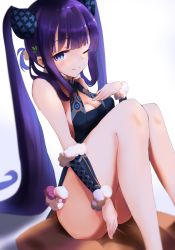 Rule 34 | 1girl, absurdres, bare shoulders, black dress, blue eyes, blunt bangs, blush, breasts, china dress, chinese clothes, cleavage, closed mouth, detached sleeves, dress, fate/grand order, fate (series), hair ornament, hand on own chest, highres, knees up, large breasts, leaf hair ornament, long hair, looking at viewer, one eye closed, purple hair, shirokuma1414, side slit, sidelocks, simple background, sitting, smile, solo, thighs, twintails, very long hair, white background, yang guifei (fate), yang guifei (second ascension) (fate)