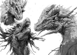 Rule 34 | animal focus, constricted pupils, curled horns, dragon, from side, greyscale, highres, horns, monochrome, monster, multiple horns, multiple views, no humans, open mouth, original, portrait, realistic, scales, sharp teeth, simple background, sketch, teeth, white background, xiaopizi32439