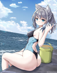 Rule 34 | 1girl, absurdres, animal, animal ear fluff, animal ears, ass, bare arms, bare shoulders, blue archive, blue eyes, blue one-piece swimsuit, blue sky, breasts, bucket, cloud, cloudy sky, commentary, competition swimsuit, english commentary, fish, from behind, grey hair, highres, holding, holding animal, holding fish, looking at viewer, looking back, medium breasts, mishiku, ocean, official alternate costume, official alternate hairstyle, one-piece swimsuit, ponytail, shiroko (blue archive), shiroko (swimsuit) (blue archive), sitting, sky, solo, swimsuit, thighs, wolf ears, wolf girl