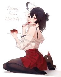 Rule 34 | 1girl, absurdres, ahoge, artist name, bare shoulders, black hair, bra, breasts, cake, character name, commentary, english commentary, food, full body, hair between eyes, highres, holding, indie virtual youtuber, large breasts, looking at viewer, medium breasts, momote, momote (vtuber), multicolored hair, pantyhose, plate, red eyes, simple background, skirt, solo, spoon, tongue, tongue out, two-tone hair, underwear, virtual youtuber, watermark, white background, white hair