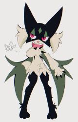 Rule 34 | black fur, cape, catforest140, claws, creatures (company), floragato, furry, game freak, green fur, green hair, highres, legs, mask, meowscarada, nintendo, pink eyes, pokemon, pokemon (creature), slit pupils, smile, solo, standing, tail, tongue, tongue out