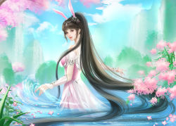 Rule 34 | 1girl, absurdres, back, blue sky, brown hair, douluo dalu, dress, expressionless, from behind, grass, highres, huahua de mo nian, in water, looking back, mountain, petals, pink dress, second-party source, sky, solo, splashing, upper body, vegetation, water, xiao wu (douluo dalu)