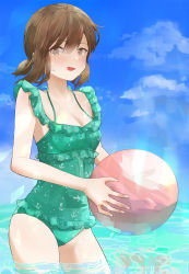 Rule 34 | alternate costume, aqua one-piece swimsuit, ball, beachball, black eyes, black hair, blue sky, breasts, casual one-piece swimsuit, cleavage, cloud, day, frilled one-piece swimsuit, frilled swimsuit, frills, fubuki (kancolle), hair between eyes, highres, holding, holding ball, holding beachball, kantai collection, kiusagi sanae, looking at viewer, low ponytail, ocean, one-piece swimsuit, one eye closed, open mouth, outdoors, ponytail, short ponytail, sky, small breasts, smile, sweatdrop, swimsuit, water
