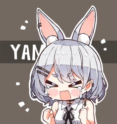 Rule 34 | &gt; &lt;, 1girl, animal ear fluff, animal ears, bare shoulders, black ribbon, blush, chibi, choker, clenched hands, closed eyes, collared shirt, cross, cross earrings, crying, ear piercing, earrings, extra ears, frilled shirt, frills, grey background, grey hair, hair ornament, hikimayu, hololive, jewelry, kukie-nyan, necklace, open mouth, piercing, pointy ears, rabbit ears, ribbon, romaji text, shirt, short hair, simple background, sleeveless, solo, thick eyebrows, usada pekora, virtual youtuber, white shirt