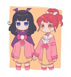 Rule 34 | 2girls, bat wings, black hair, blue eyes, brown eyes, capelet, closed mouth, commentary request, cropped legs, dress, food-themed hair ornament, hair ornament, hairband, highres, holding hands, jacket, korean commentary, kurosu aroma, long hair, long sleeves, looking at viewer, multiple girls, neckerchief, open mouth, orange hair ornament, paprika private academy school uniform, pink hairband, pink jacket, pink neckerchief, pink thighhighs, ponytail, pretty series, pripara, purple capelet, red hair, sailor collar, school uniform, shiratama mikan, short dress, standing, sururufu, thighhighs, white sailor collar, wing hair ornament, wings, yellow dress