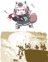 Rule 34 | 1girl, 2koma, 300 (movie), :3, :d, animal helmet, arknights, artist request, axe, black gloves, brown hair, chibi, cliff, comic, commentary, fire axe, firefighter, firefighter jacket, gloves, jacket, open mouth, parody, shaw (arknights), silhouette, simple background, smile, tail, white background