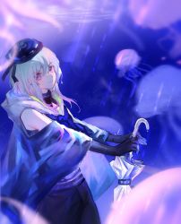 Rule 34 | 1boy, arknights, bare shoulders, black collar, black gloves, black ribbon, black shorts, blue background, blue hair, blue hat, blue neckerchief, collar, cowboy shot, elbow gloves, gloves, hair ribbon, hat, he yi bei cha, highres, holding, holding umbrella, jellyfish, looking at viewer, male focus, mizuki (arknights), multicolored hair, neckerchief, pink eyes, pink hair, ribbon, short hair, shorts, simple background, smile, solo, streaked hair, trap, umbrella