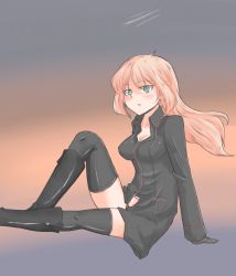 Rule 34 | 1girl, arm support, arms behind back, black footwear, black panties, black thighhighs, blonde hair, blush, boots, breasts, cleavage, collarbone, eyes visible through hair, gloves, green eyes, hakusen-hiki, heinrike prinzessin zu sayn-wittgenstein, knee boots, long hair, long sleeves, military, military uniform, noble witches, open mouth, panties, sitting, solo, strike witches, taut clothes, thighhighs, underwear, uniform, world witches series